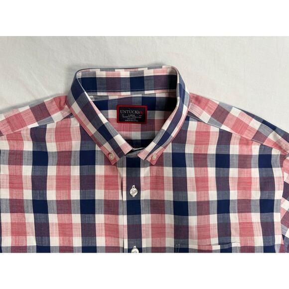 UNTUCKit Button Up Shirt Size LRG Blue Red Plaid Cotton Wrinkle Free Redaelli WF - Picture 5 of 10